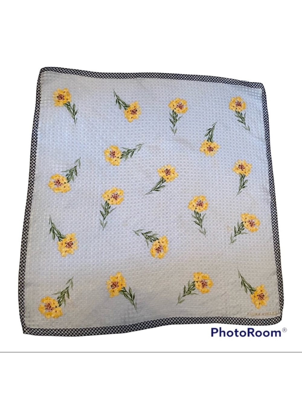 LAURA ASHLEY SCARF BLUE YELLOW FLORAL GINGHAM SILK ACCESSORY SQUARE COTTAGE CORE